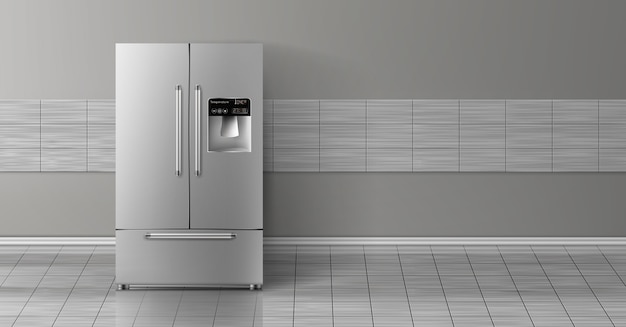3d realistico mock up con frigorifero grigio a due camere isolato sulla parete delle mattonelle.