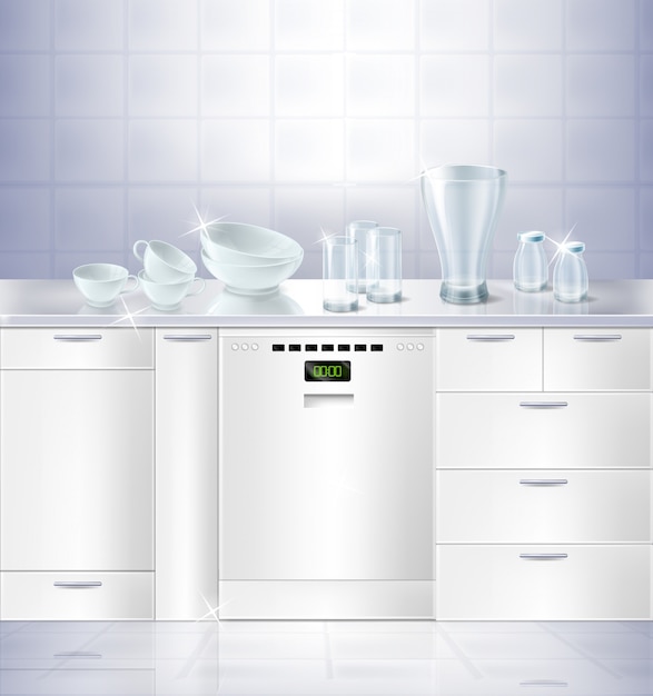 3d realistico mock up di cucina con pavimento bianco pulito e muro di piastrelle.