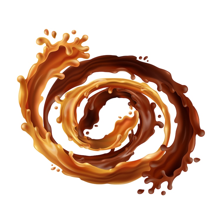 Vettore gratuito 3d realistico turbinio di cioccolata calda e flusso di caramello. cibo liquido marrone con spruzzi