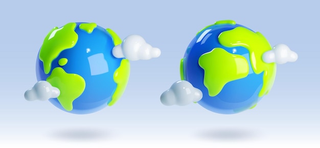 3d render pianeta terra oggetto mondo icona vettoriale Sfera di ambiente verde riciclato per la scuola Simbolo realistico del globo di plastica minimo con set di clipart cloud Illustrazione grafica di scienza o viaggio