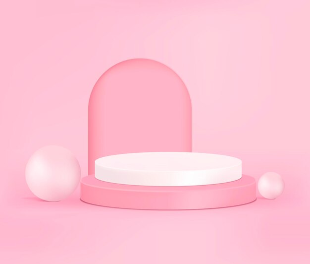 3d vector Podio di visualizzazione del prodotto con perle su sfondo rosa, podio di rendering 3D.
