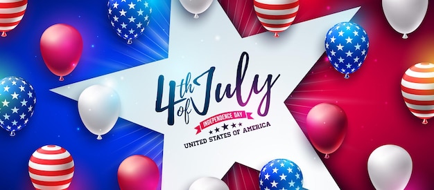 4 luglio Giorno dell'Indipendenza degli Stati Uniti Illustrazione vettoriale con palloncino per feste con motivo bandiera americana