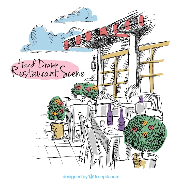 Vettore gratuito a mano scena del ristorante disegnato