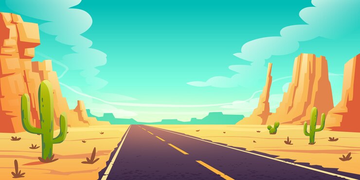 Vettore gratuito abbandoni il paesaggio con la strada, i cactus e le rocce