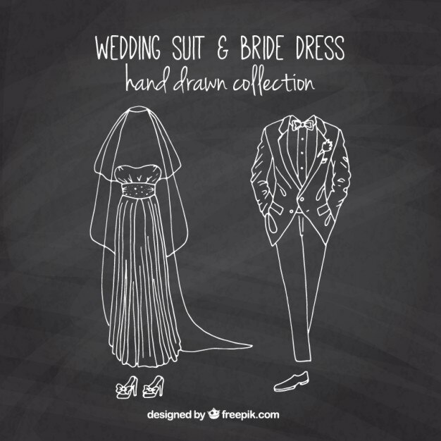 Vettore gratuito abito sposa schizzi e vestito di nozze in effetti lavagna