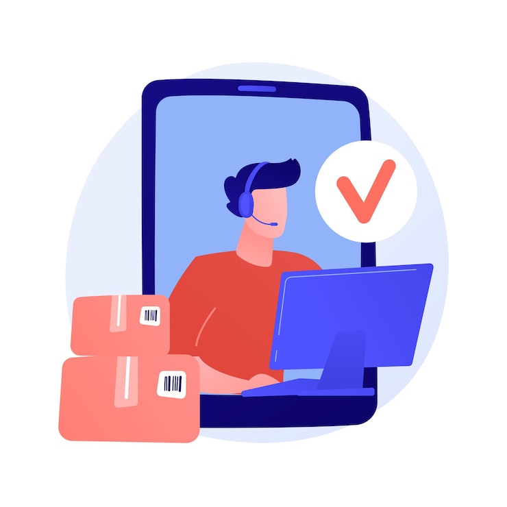 Vettore gratuito accettazione degli ordini per telefono, contact center del negozio, assistenza clienti. ordine facile, consegna veloce, servizio commerciale. personaggio dei cartoni animati di operatore di call center.