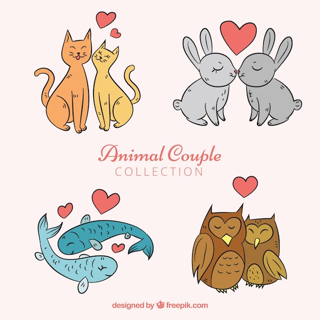 Accumulazione delle coppie animali di San Valentino disegnato a mano