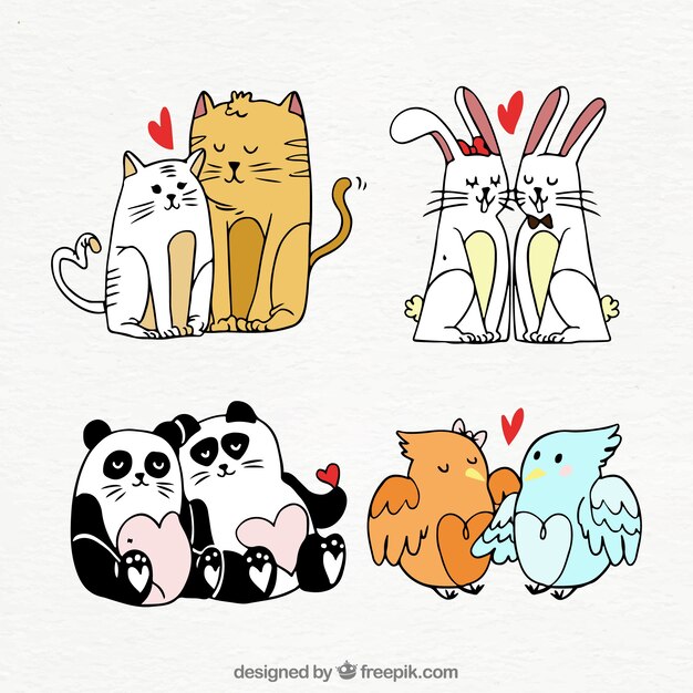 Accumulazione delle coppie animali di San Valentino disegnato a mano
