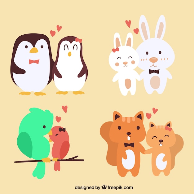 Accumulazione delle coppie animali di San Valentino disegnato a mano