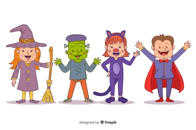 Accumulazione disegnata a mano dei costumi del bambino di Halloween