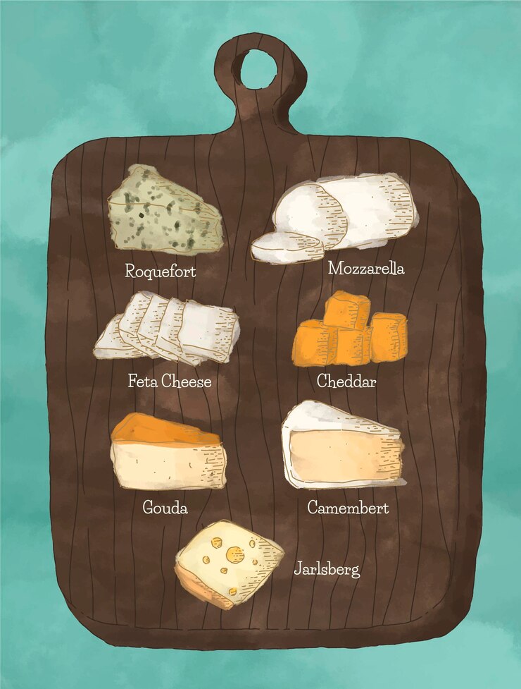Vettore gratuito accumulazione disegnata a mano di diversi tipi di formaggio
