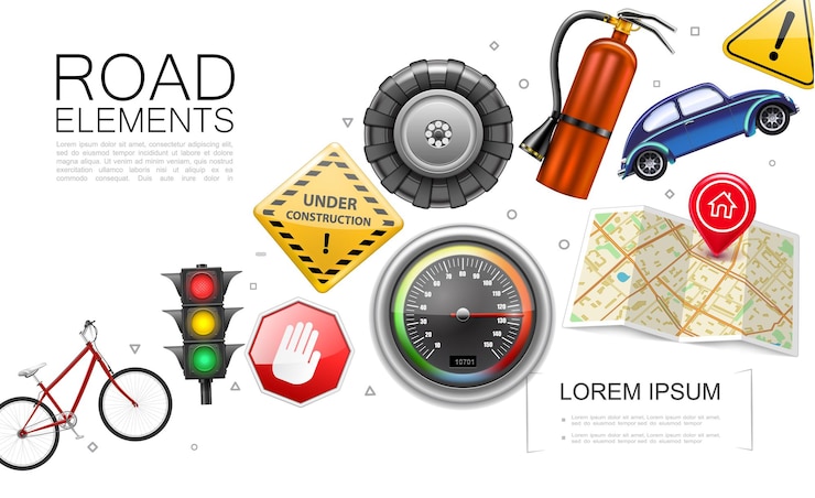 Vettore gratuito accumulazione realistica degli elementi della strada con l'estintore dell'automobile della gomma del puntatore della mappa del tachimetro del semaforo della bicicletta in costruzione e l'illustrazione isolata dei segnali di pericolo