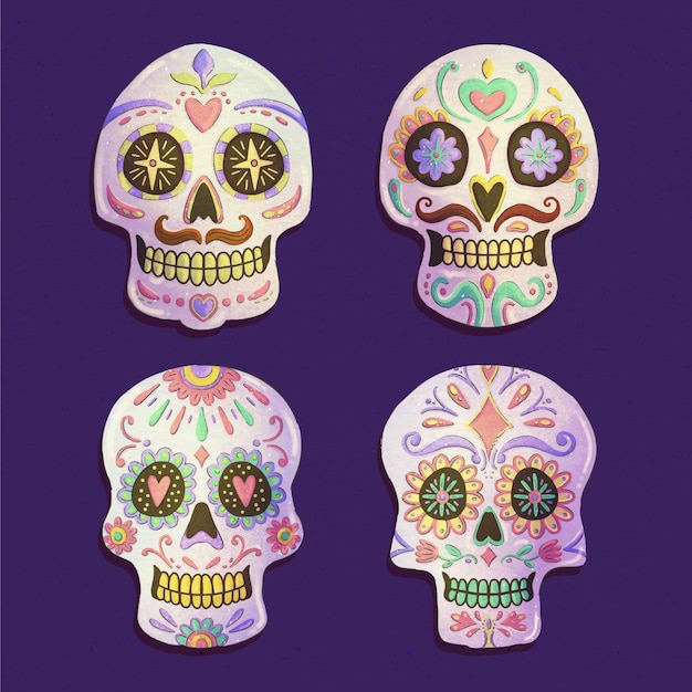 Acquerello collezione di teschi dia de muertos
