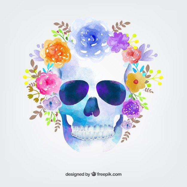 Acquerello cranio con i fiori