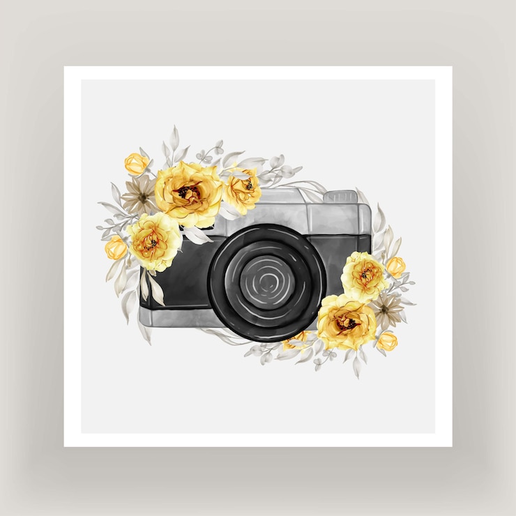 Vettore gratuito acquerello della fotocamera con ghirlanda di fiori giallo oro