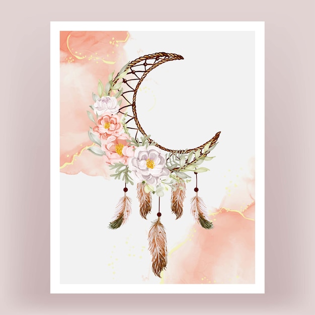 Acquerello dream catcher peonie arancione bianco piuma