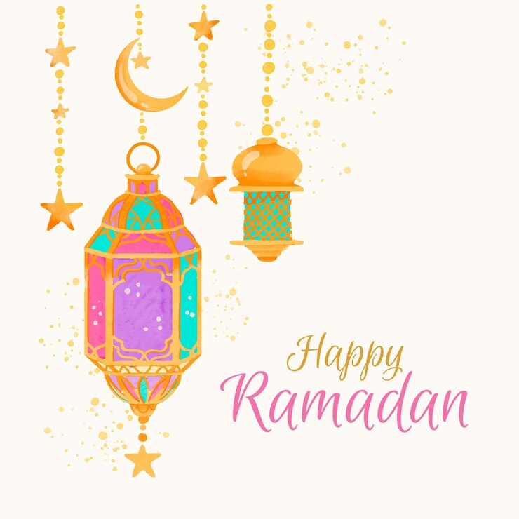 Vettore gratuito acquerello felice ramadan e lampade