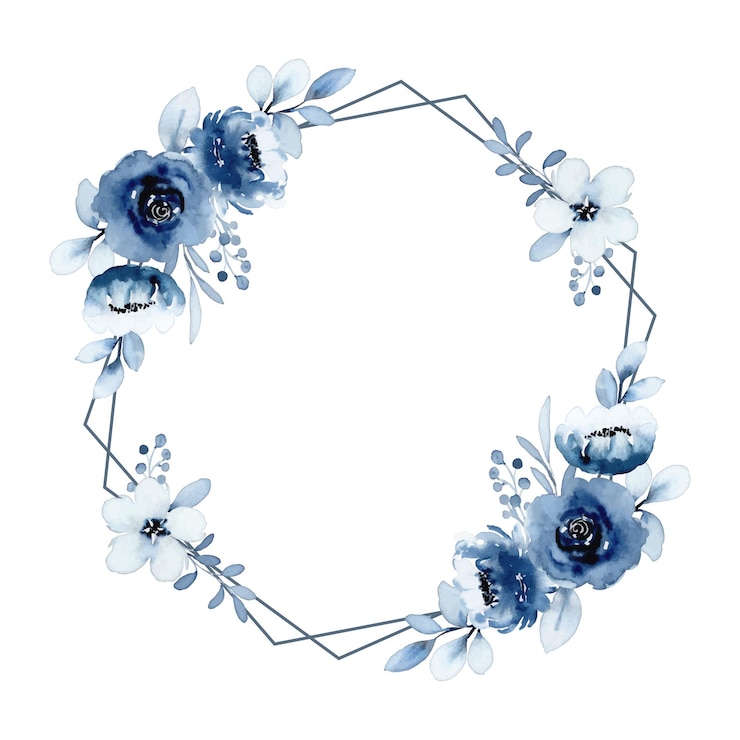 Vettore gratuito acquerello floreale bianco blu con cornice geometrica