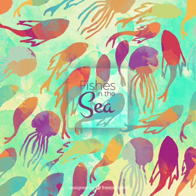 acquerello sfondo colorato con pesci e meduse sfondo