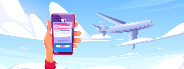 Vettore gratuito acquista il concetto di biglietto aereo online, aereo in cielo