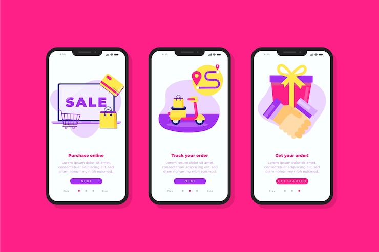 Vettore gratuito acquista le schermate delle app di onboarding online