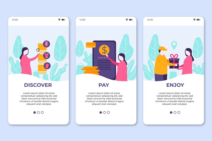 Vettore gratuito acquista le schermate delle app di onboarding online