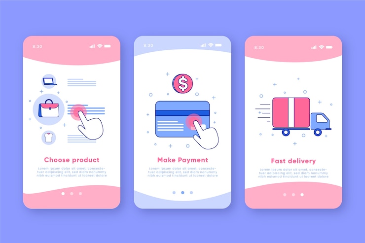 Vettore gratuito acquista le schermate delle app di onboarding online