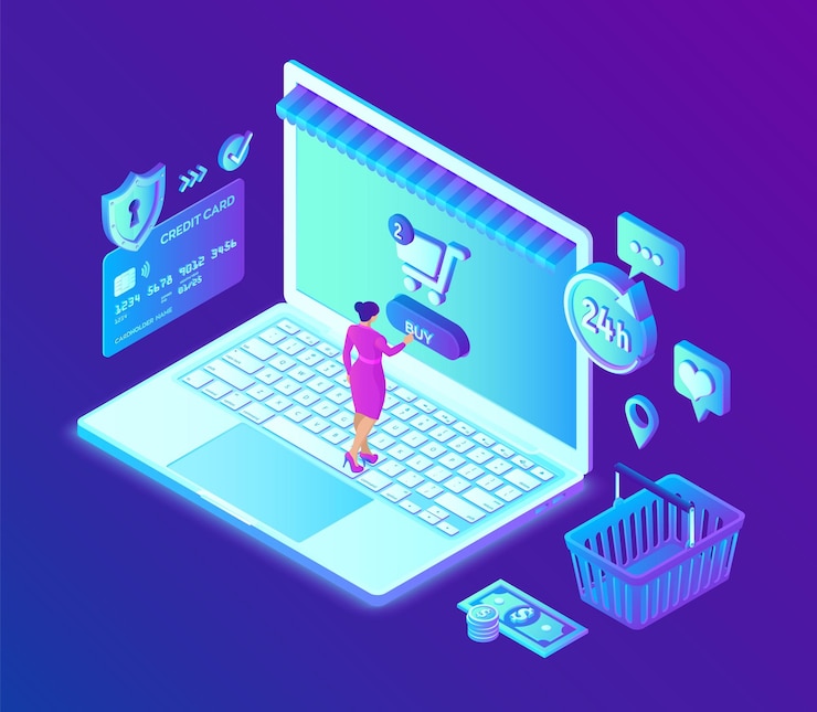 Vettore gratuito acquisti online negozio online isometrico 3d shopping online su sito web o applicazione mobile concetto di vendita e-commerce marketing digitale carta di credito denaro e borsa della spesa illustrazione vettoriale