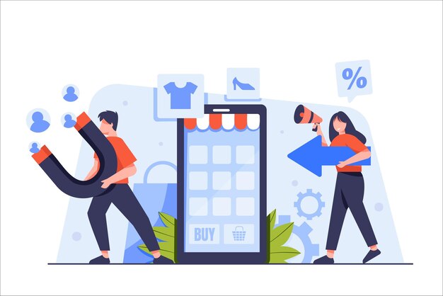 Acquisti online su smartphone Il team aziendale chiama il cliente per lo shopping online Team di analisi SEO mercato dei servizi digitali 247 metafora del servizio Strategie di marketing Attività di promozione delle vendite