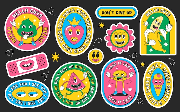 Adesivi groovy di cartoni animati psichedelici in stile retrò Etichetta o badge di personaggi alla moda con facce buffe Simboli hippy dal design contemporaneo isolati su sfondo nero Illustrazione del set vettoriale