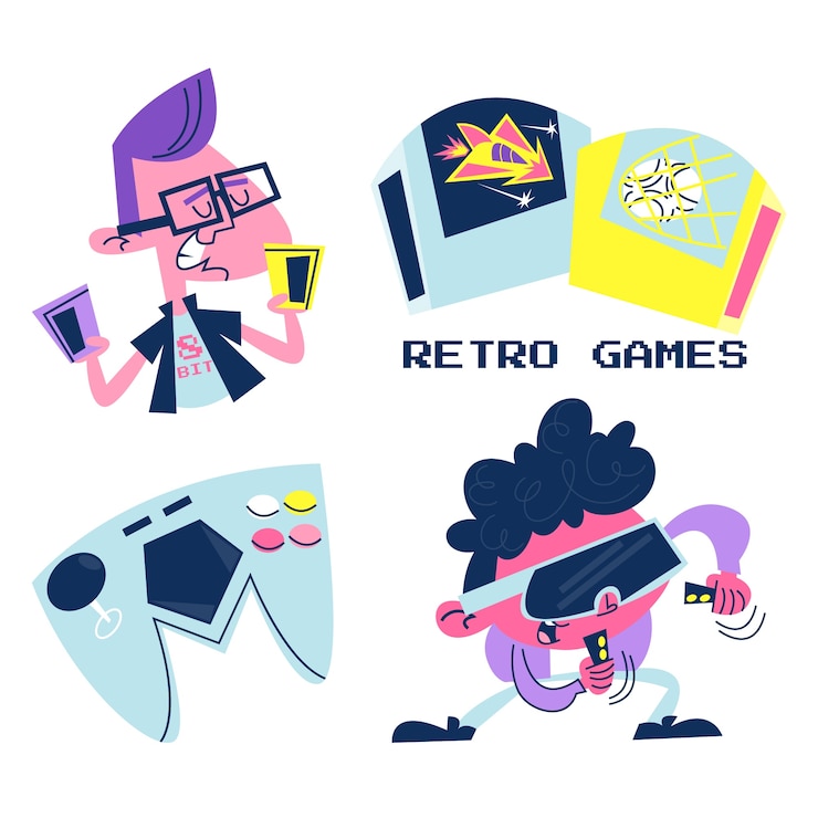 Vettore gratuito adesivi per videogiochi retrò dei cartoni animati