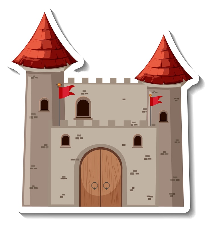 Vettore gratuito adesivo cartone animato castello e fortezza di pietra