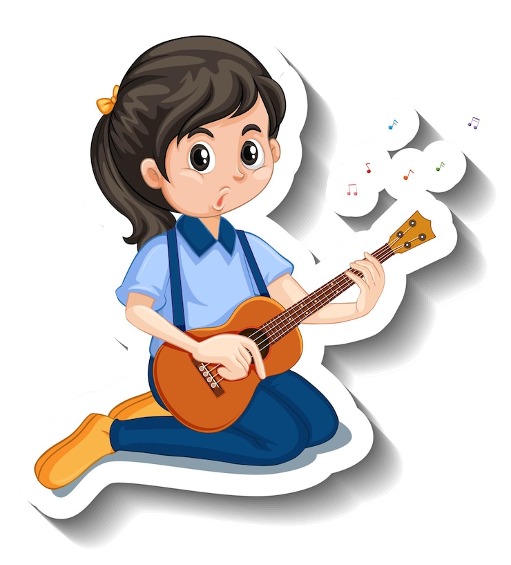 Vettore gratuito adesivo cartone animato con ragazza che suona la chitarra