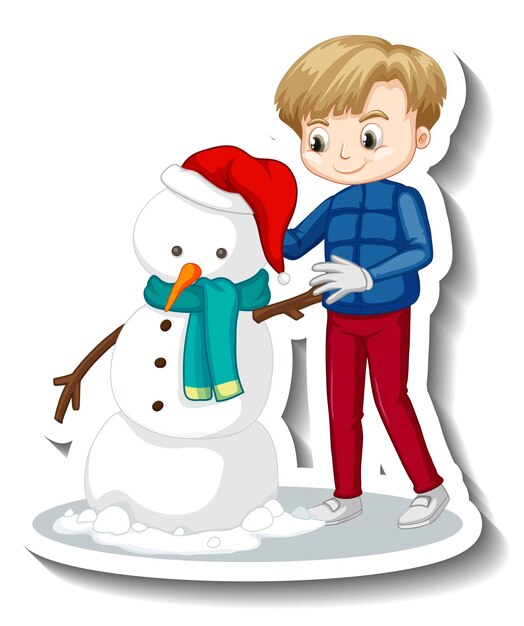 Adesivo cartone animato ragazzo che costruisce un pupazzo di neve