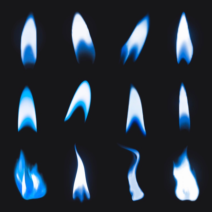 Vettore gratuito adesivo con fiamma blu, set di vettori di immagini realistiche di fuoco