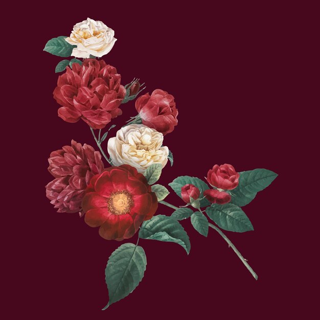 Adesivo disegnato a mano vintage fiore di rose rosse da giardino