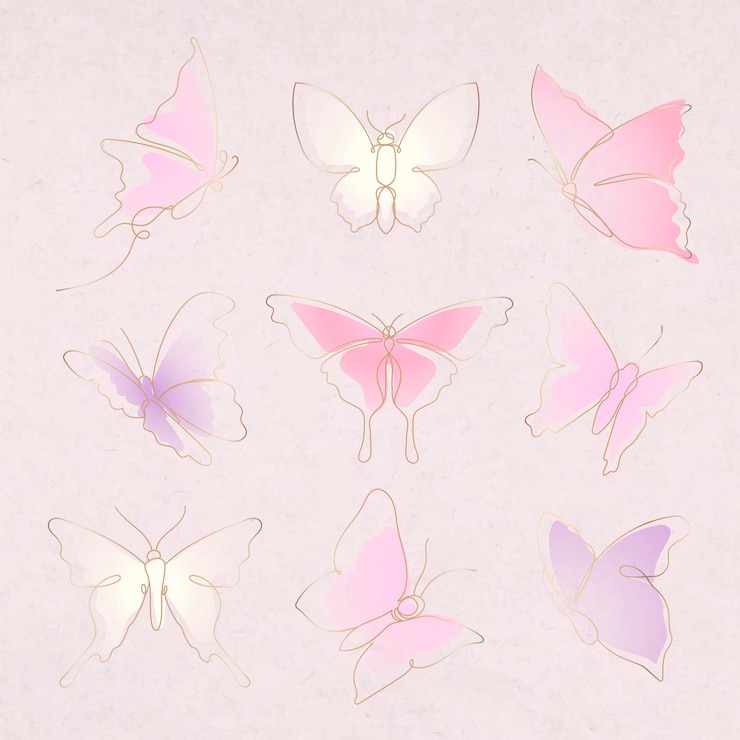 Vettore gratuito adesivo farfalla volante, set di illustrazioni animali vettoriali con linea sfumata rosa