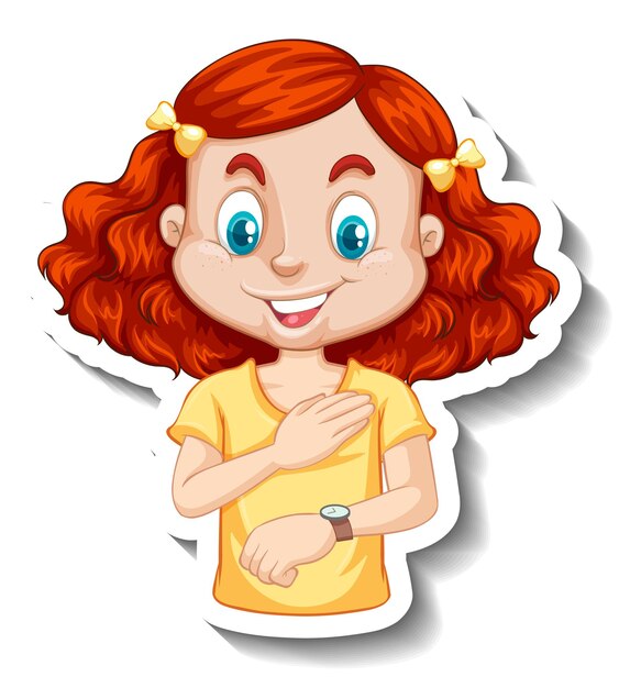 Adesivo un personaggio dei cartoni animati di una ragazza che guarda l'orologio da polso