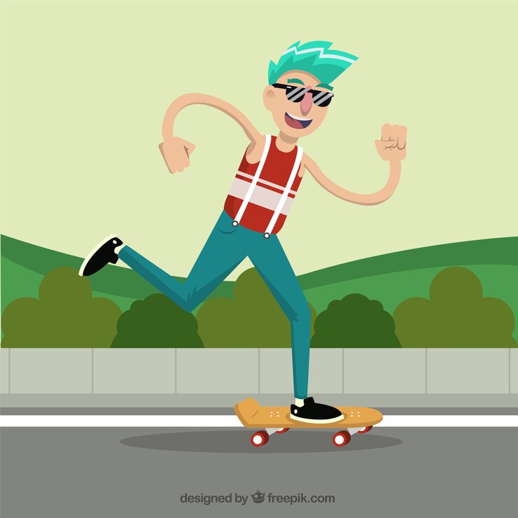 Vettore gratuito adolescente moderno con il suo skateboard