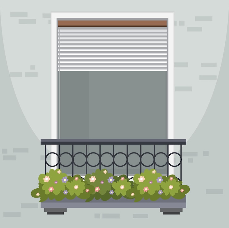 Vettore gratuito affascinante balcone con scatola di fiori