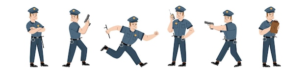Agente di polizia poliziotto o personaggio di guardia in uniforme blu con berretto manganello e manette Illustrazione piatta vettoriale di poliziotto uomo con walkie-talkie che mira con pistola corsa e scrivere biglietto stradale