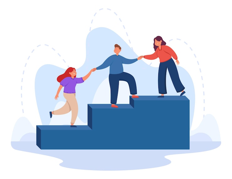 Vettore gratuito aiuto e supporto al dipendente di arrampicata da parte di un mentore o di un leader. squadra di persone aziendali che salgono la scala insieme illustrazione vettoriale piatta. crescita professionale di successo, leadership, concetto di lavoro di squadra