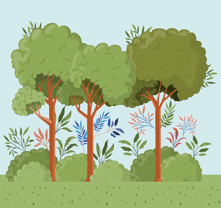 Vettore gratuito alberi e foglie con scena di paesaggio di bush