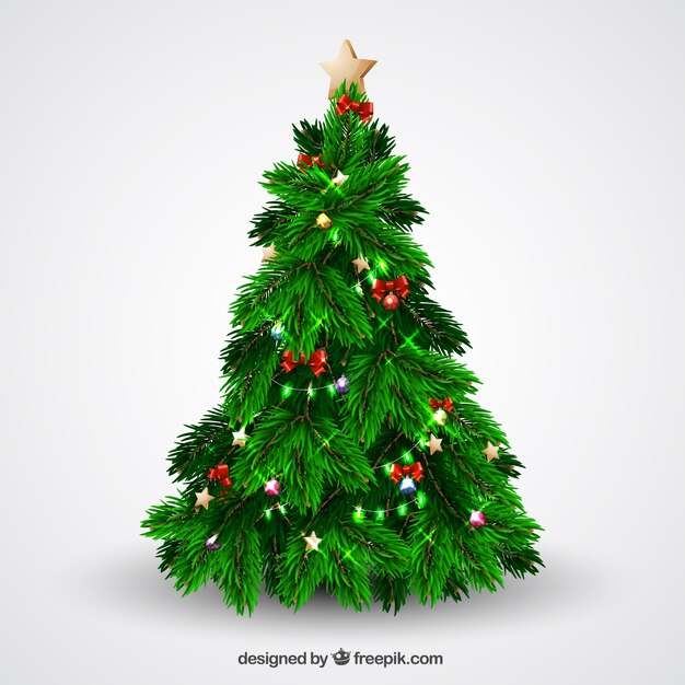 Albero di Natale con luci e fiocchi