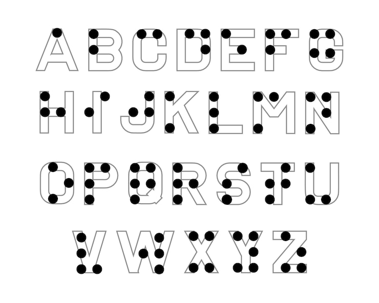 Vettore gratuito alfabeto braille. versione inglese dell'alfabeto braille. abc per disabili visivi non vedenti.