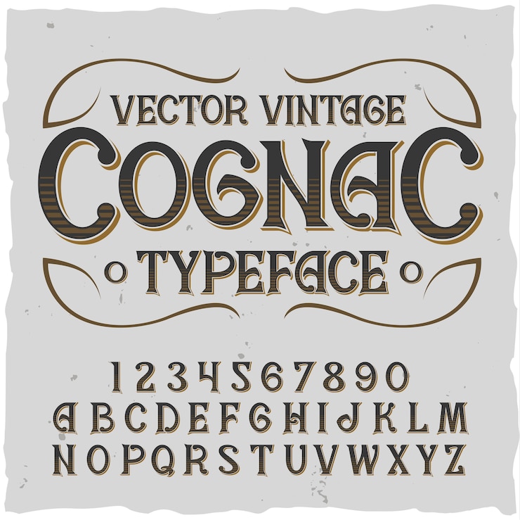 Vettore gratuito alfabeto cognac con cornice quadrata e carattere tipografico vintage con linee, cifre e lettere