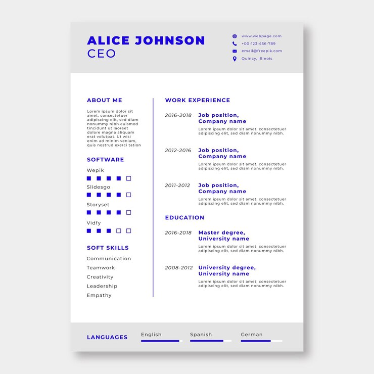 Vettore gratuito alice semplice professionale j. modello di curriculum amministratore delegato