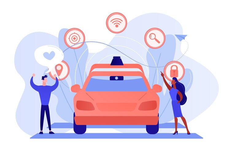 Vettore gratuito all'uomo d'affari piacciono le auto senza conducente autonome con icone di tecnologia intelligente