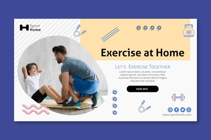 Vettore gratuito allenamento a casa nel modello di banner di famiglia