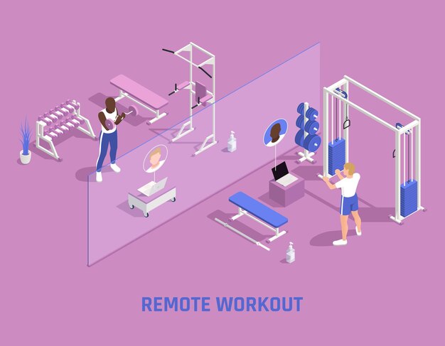 Allenatore di allenamento personale a distanza di fitness in palestra sulla routine di allenamento dello schermo del laptop per l'illustrazione di vettore delle composizioni isometriche degli uomini